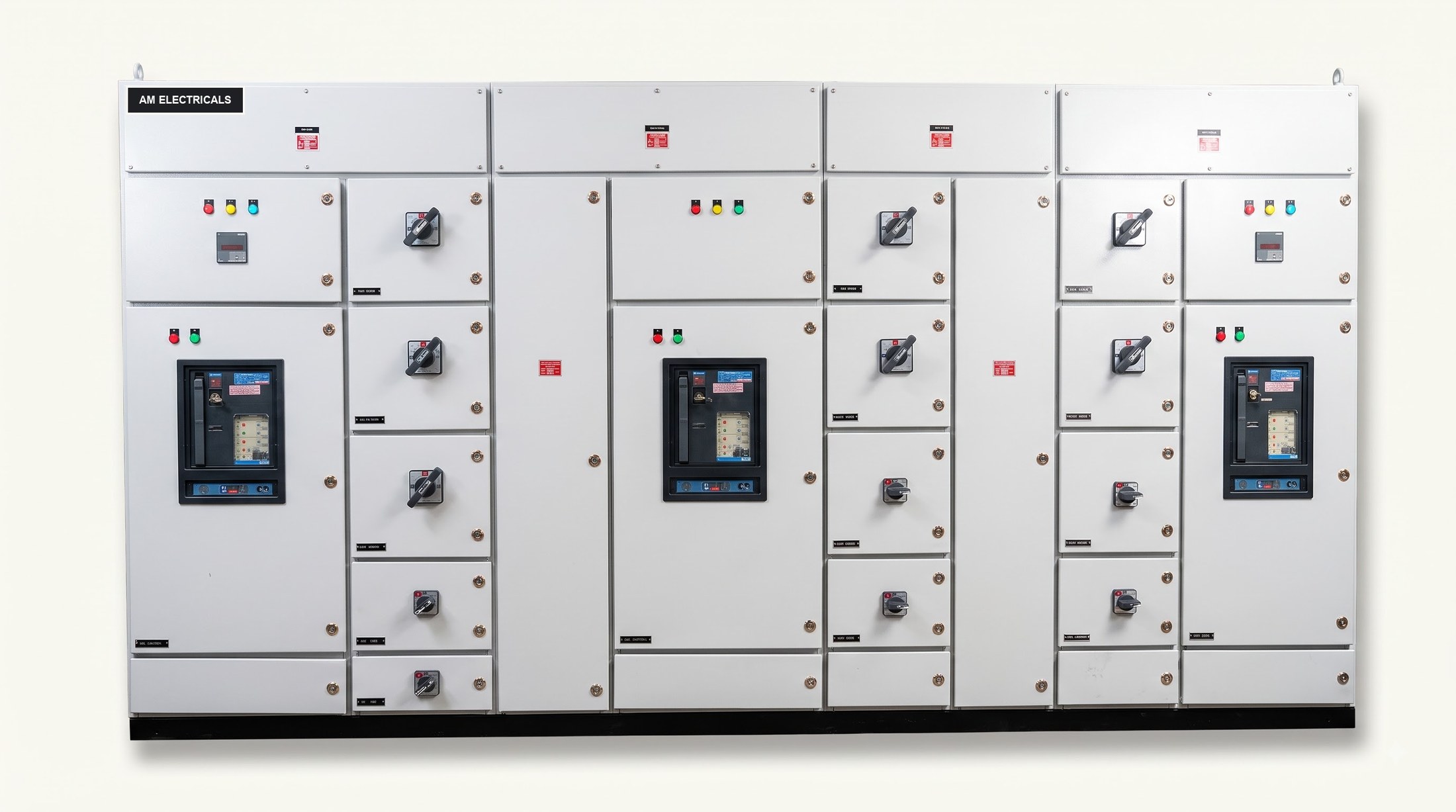 AM Electricals LT distribution panel lineup, 4-section, on the Kolkata shopfloor